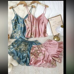 2 set Silky Floral Cami & Short Pajama Set — Pink & Teal